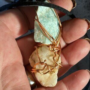 White Milky Quartz Obsidian Amazonite Healing Pendant Necklace Copperx Leather